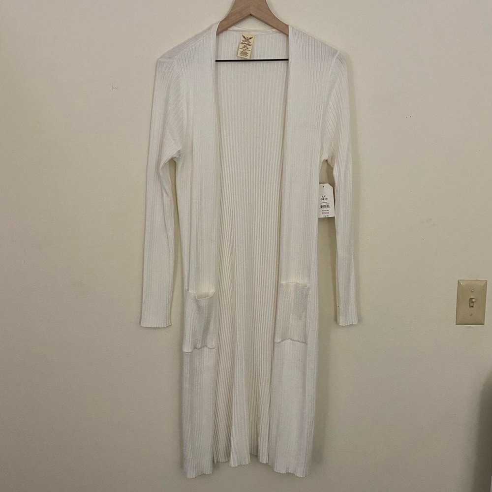White Ribbed Long Cardigan